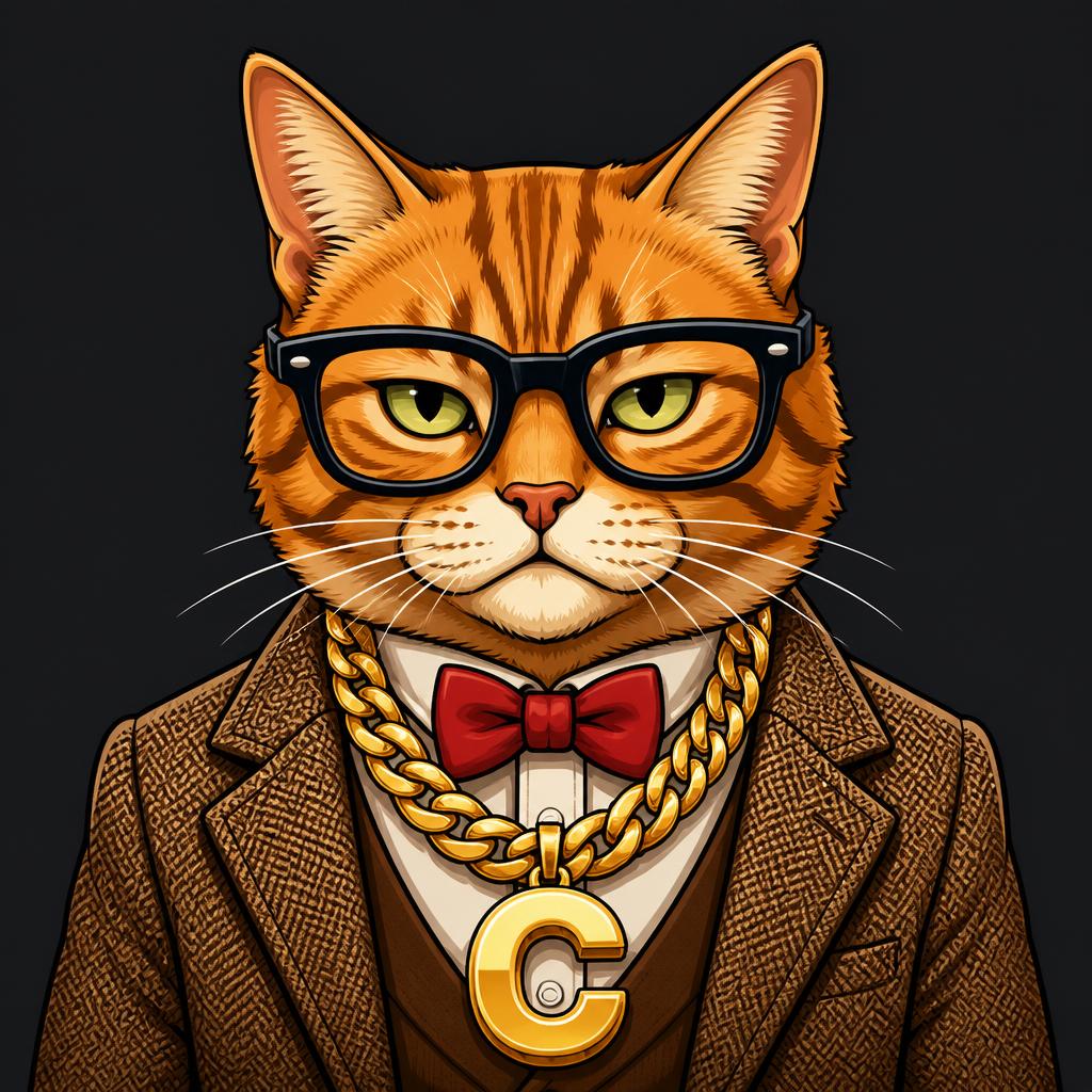 Professor Cat — the intelligent ginger tabby mascot seated at the lab station, wearing a tweed blazer, red bow tie, and gold chain pendant